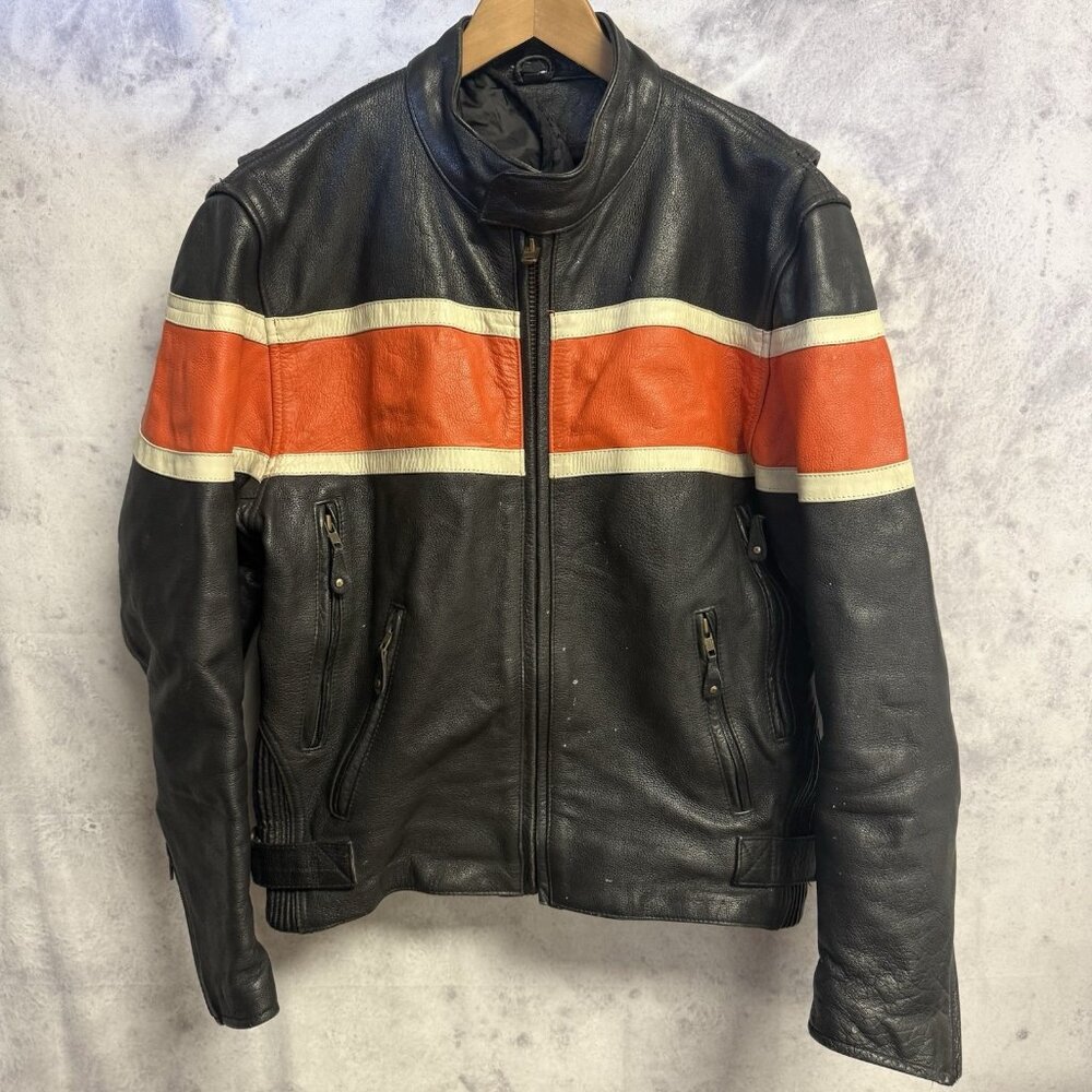 Vintage Leather Gallery Motorcycle Jacket Mens Medium Black Orange Lined